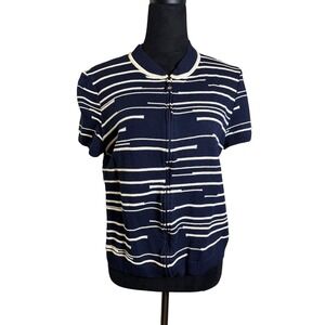 St. John Sport Knit Zip Up Top Striped Short Sleeve Navy White L